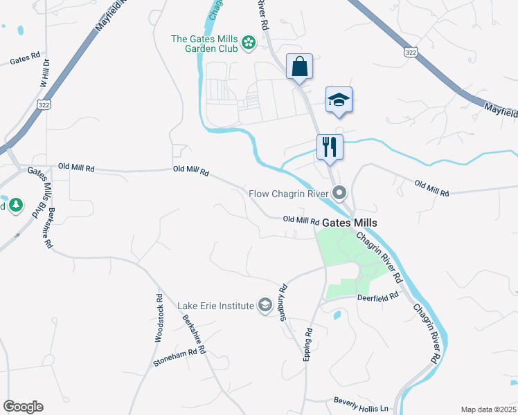 map of restaurants, bars, coffee shops, grocery stores, and more near Old Mill Road in Gates Mills