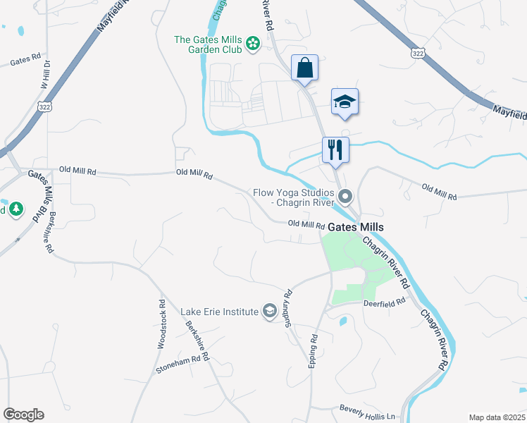 map of restaurants, bars, coffee shops, grocery stores, and more near Old Mill Road in Gates Mills