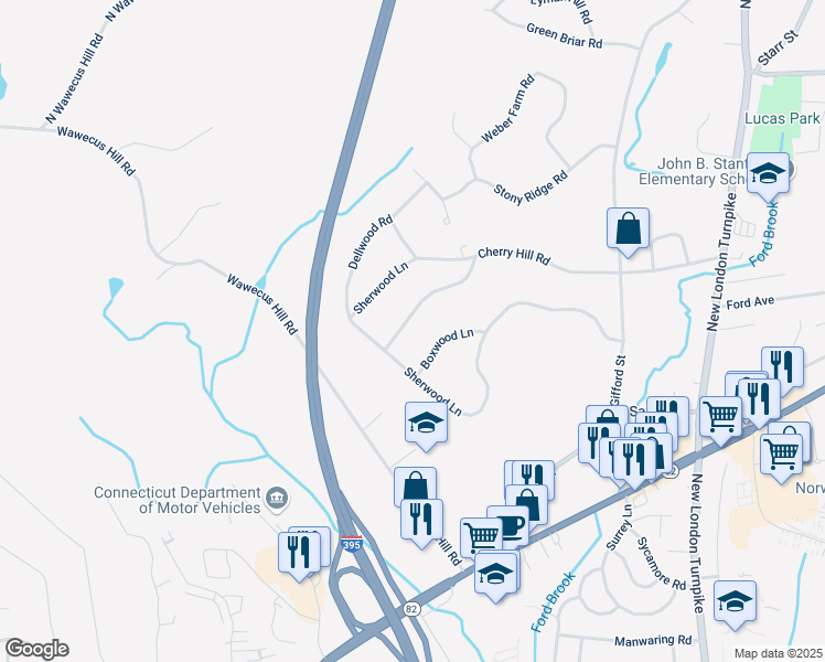 map of restaurants, bars, coffee shops, grocery stores, and more near 50 Cherry Hill Road in Norwich