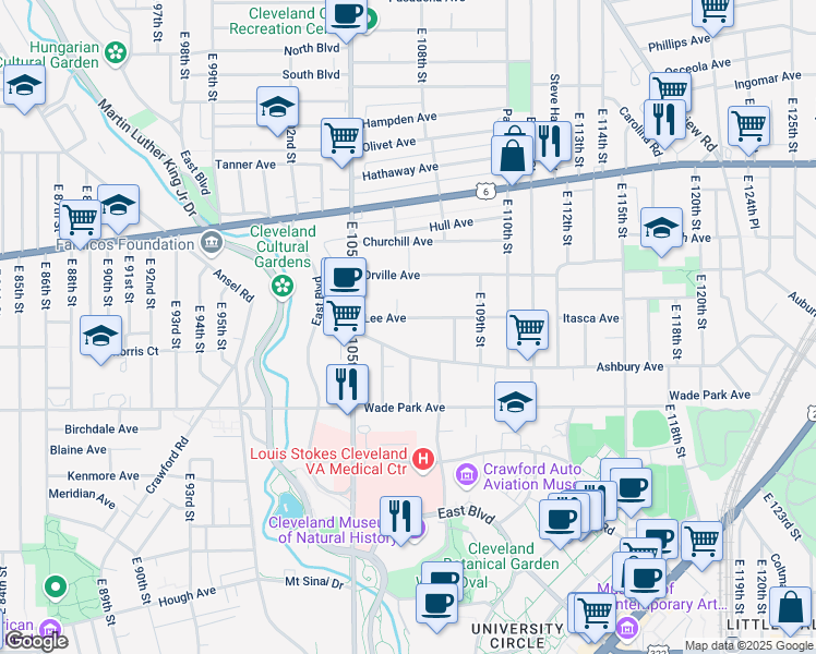 map of restaurants, bars, coffee shops, grocery stores, and more near 10628 Lee Avenue in Cleveland