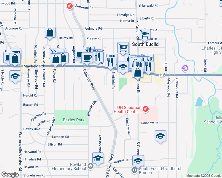 map of restaurants, bars, coffee shops, grocery stores, and more near 1520 Sheffield Road in South Euclid