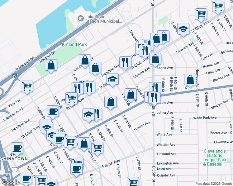 map of restaurants, bars, coffee shops, grocery stores, and more near 1374 East 51st Street in Cleveland