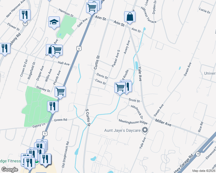 map of restaurants, bars, coffee shops, grocery stores, and more near 72 Cass Street in Meriden