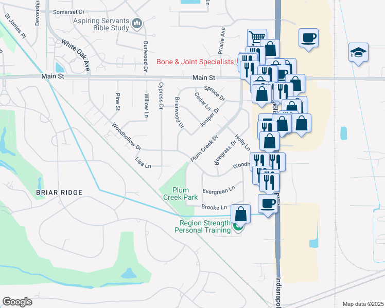 map of restaurants, bars, coffee shops, grocery stores, and more near 1046 Woodhollow Drive in Schererville