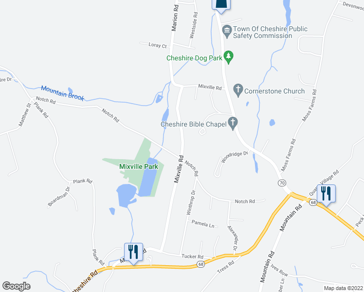 map of restaurants, bars, coffee shops, grocery stores, and more near 387 Mixville Road in Cheshire