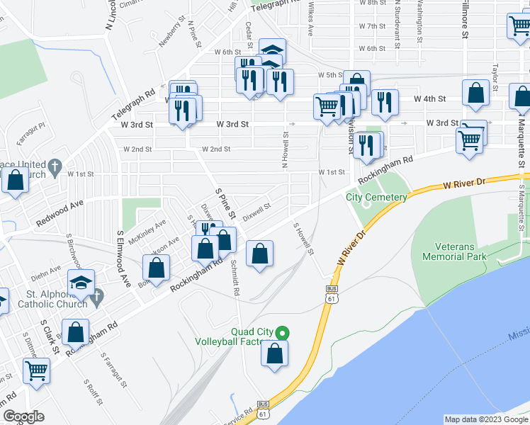 map of restaurants, bars, coffee shops, grocery stores, and more near 1947 Dixwell Street in Davenport
