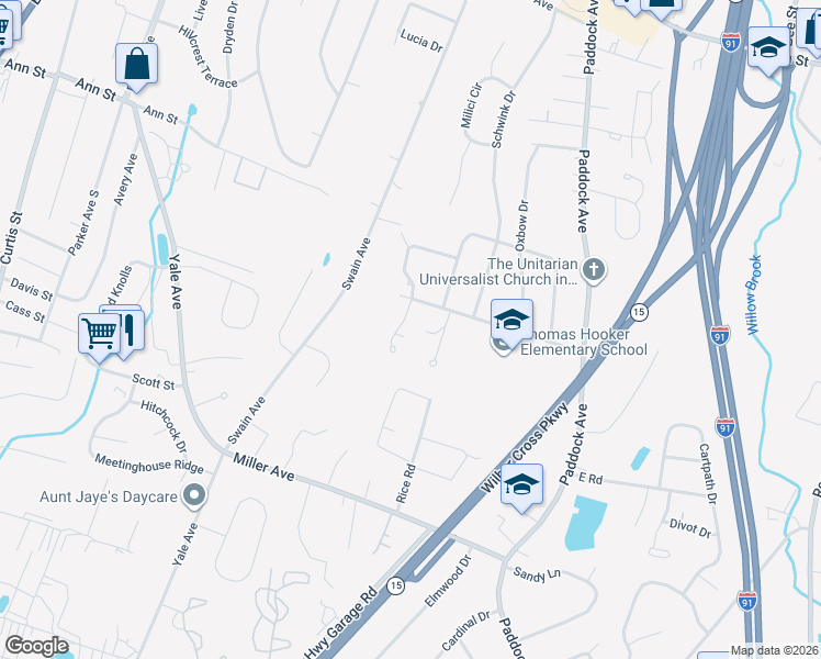 map of restaurants, bars, coffee shops, grocery stores, and more near 36 Overlook Drive in Meriden