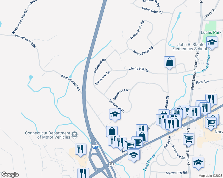map of restaurants, bars, coffee shops, grocery stores, and more near 50 Cherry Hill Road in Norwich