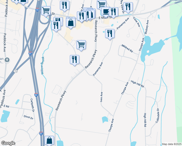map of restaurants, bars, coffee shops, grocery stores, and more near 368 Pomeroy Avenue in Meriden