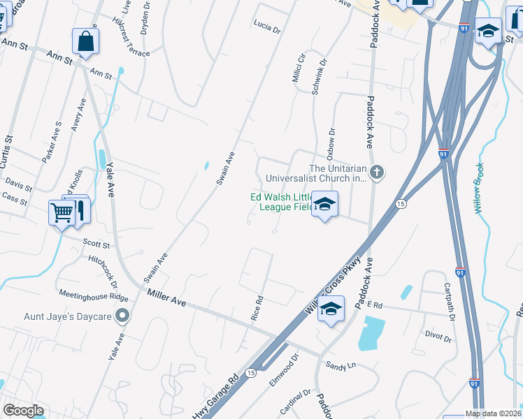 map of restaurants, bars, coffee shops, grocery stores, and more near 36 Overlook Drive in Meriden