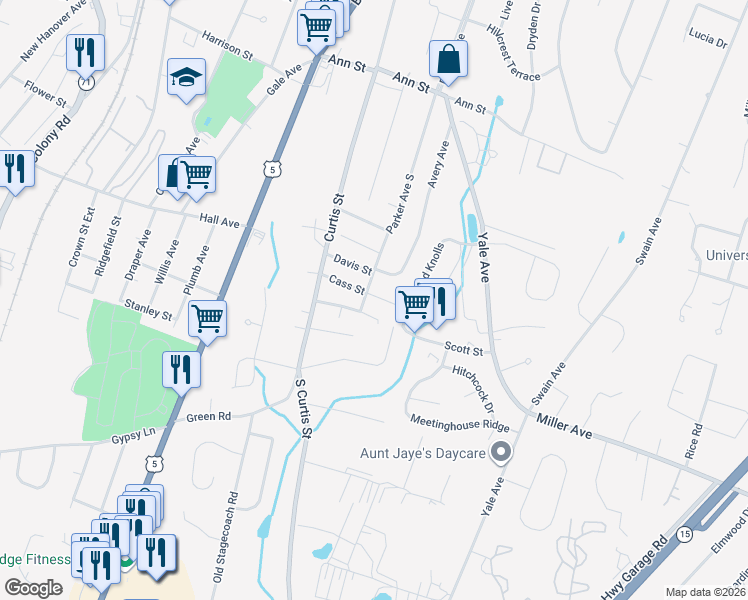 map of restaurants, bars, coffee shops, grocery stores, and more near 72 Cass Street in Meriden