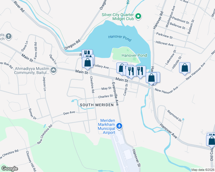 map of restaurants, bars, coffee shops, grocery stores, and more near 15 Evansville Avenue in Meriden