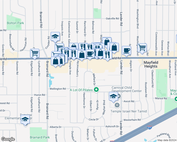 map of restaurants, bars, coffee shops, grocery stores, and more near 1558 Hawthorne Drive in Mayfield Heights