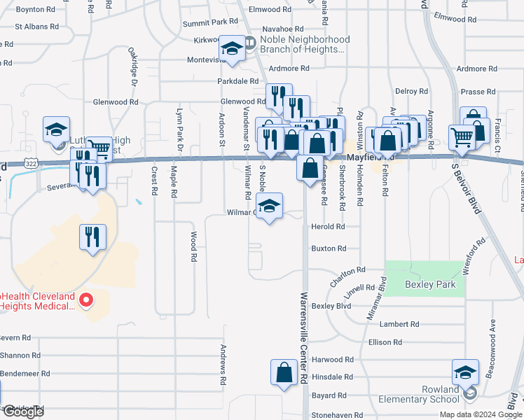 map of restaurants, bars, coffee shops, grocery stores, and more near 1521 South Noble Road in Cleveland Heights