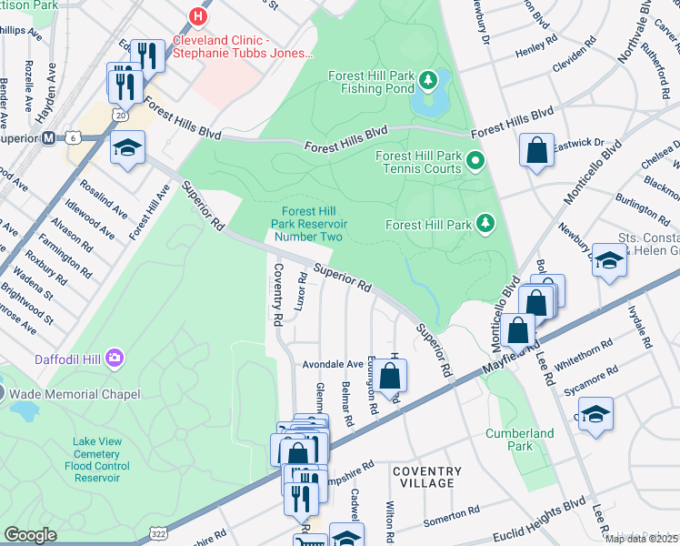 map of restaurants, bars, coffee shops, grocery stores, and more near in East Cleveland
