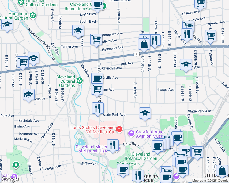 map of restaurants, bars, coffee shops, grocery stores, and more near 10628 Lee Avenue in Cleveland