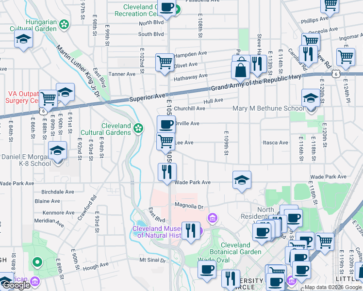 map of restaurants, bars, coffee shops, grocery stores, and more near 1407 East 105th Street in Cleveland
