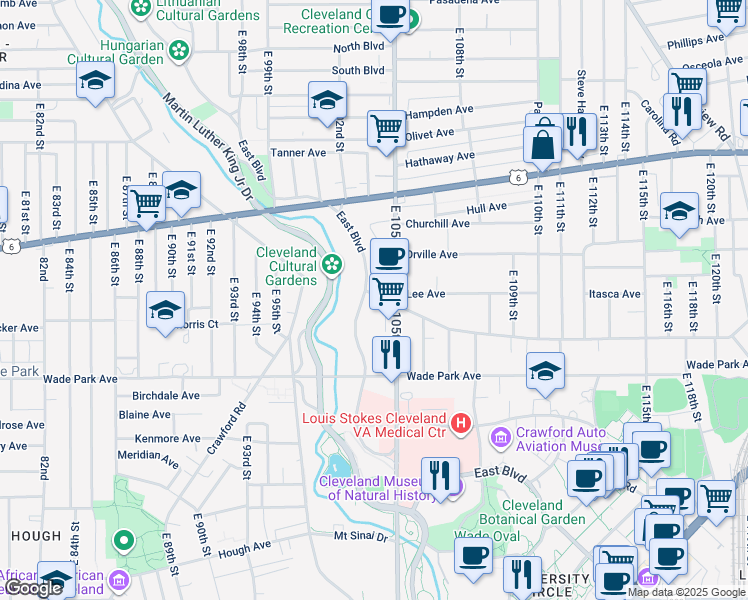 map of restaurants, bars, coffee shops, grocery stores, and more near 1406 East Boulevard in Cleveland