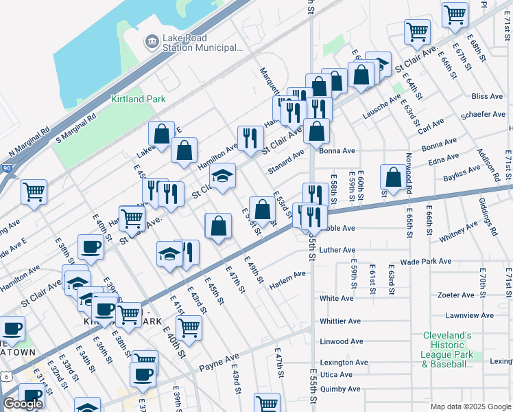 map of restaurants, bars, coffee shops, grocery stores, and more near 1410 East 52nd Street in Cleveland