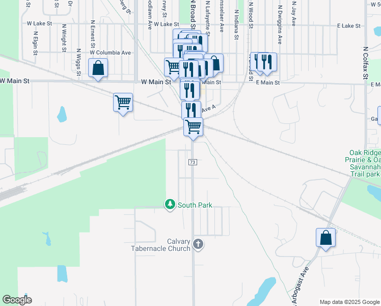 map of restaurants, bars, coffee shops, grocery stores, and more near 245 South Broad Street in Griffith