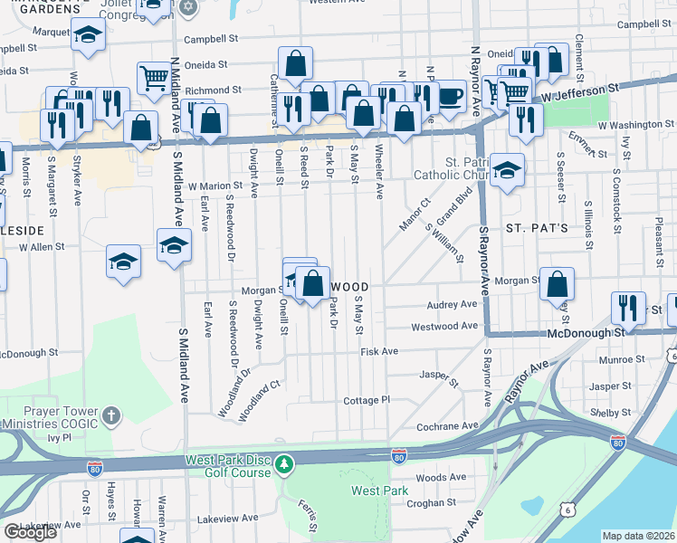 map of restaurants, bars, coffee shops, grocery stores, and more near 219 South May Street in Joliet