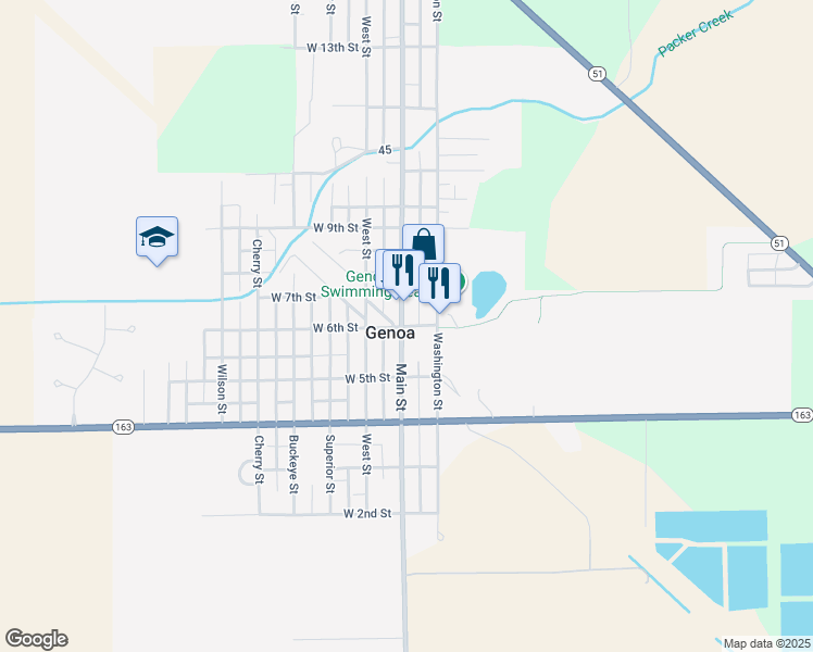 map of restaurants, bars, coffee shops, grocery stores, and more near East 6th Street in Genoa