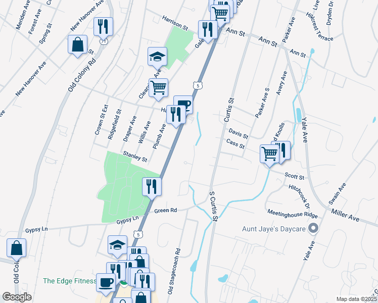 map of restaurants, bars, coffee shops, grocery stores, and more near 125 South Broad Street in Meriden