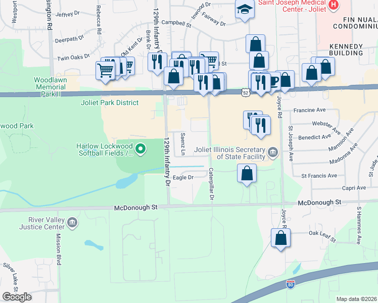 map of restaurants, bars, coffee shops, grocery stores, and more near 2651 Crescenzo Drive in Joliet