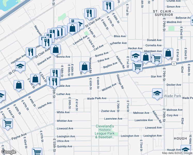 map of restaurants, bars, coffee shops, grocery stores, and more near 6522 Superior Avenue in Cleveland