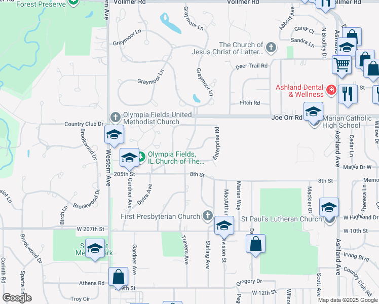 map of restaurants, bars, coffee shops, grocery stores, and more near 703 Travers Avenue in Chicago Heights