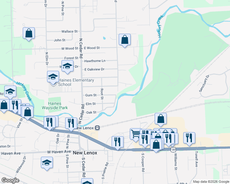 map of restaurants, bars, coffee shops, grocery stores, and more near 245 Gum Street in New Lenox