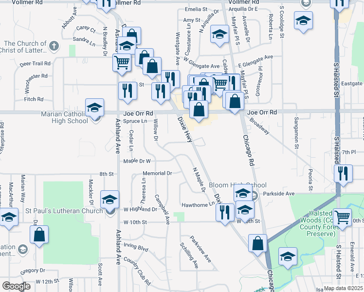 map of restaurants, bars, coffee shops, grocery stores, and more near 182 Linden Lane in Chicago Heights