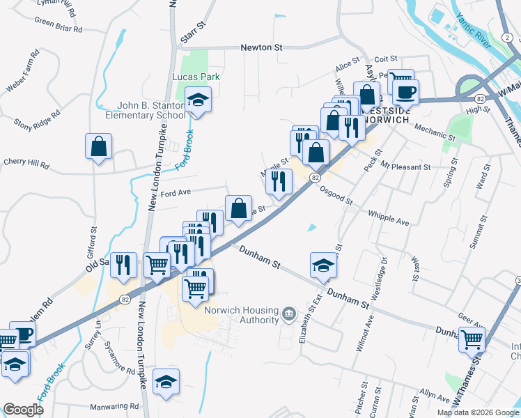 map of restaurants, bars, coffee shops, grocery stores, and more near 7 Pine Street in Norwich