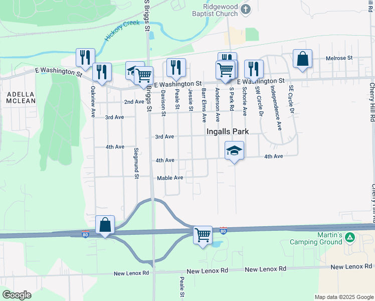 map of restaurants, bars, coffee shops, grocery stores, and more near 313 Jessie Street in Joliet