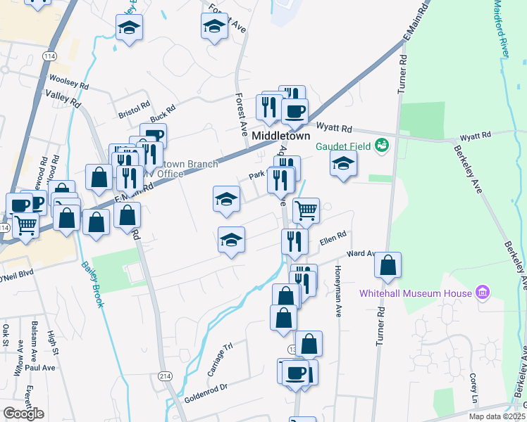 map of restaurants, bars, coffee shops, grocery stores, and more near 5 Reardon Drive in Middletown