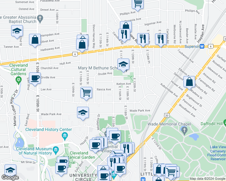 map of restaurants, bars, coffee shops, grocery stores, and more near 1447 East 115th Street in Cleveland