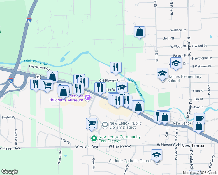map of restaurants, bars, coffee shops, grocery stores, and more near 333 Hillside Road in New Lenox