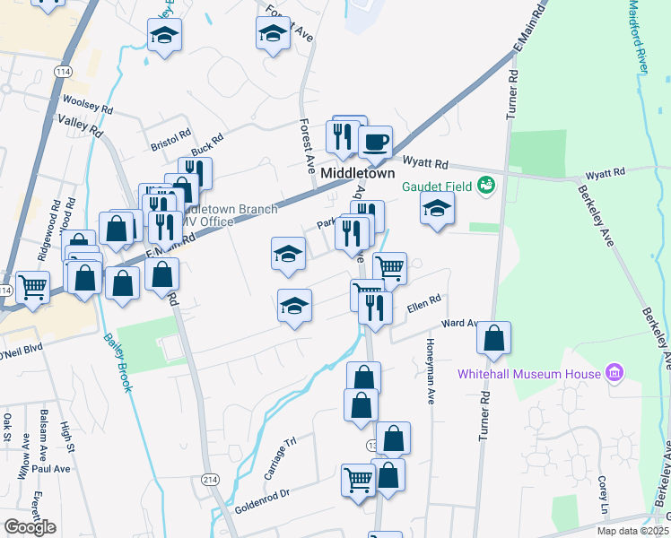 map of restaurants, bars, coffee shops, grocery stores, and more near 5 Reardon Drive in Middletown