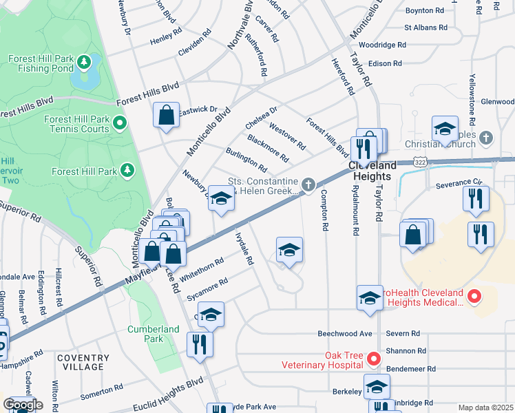 map of restaurants, bars, coffee shops, grocery stores, and more near 3245 Mayfield Road in Cleveland Heights