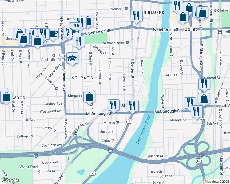 map of restaurants, bars, coffee shops, grocery stores, and more near 505 Morgan Street in Joliet
