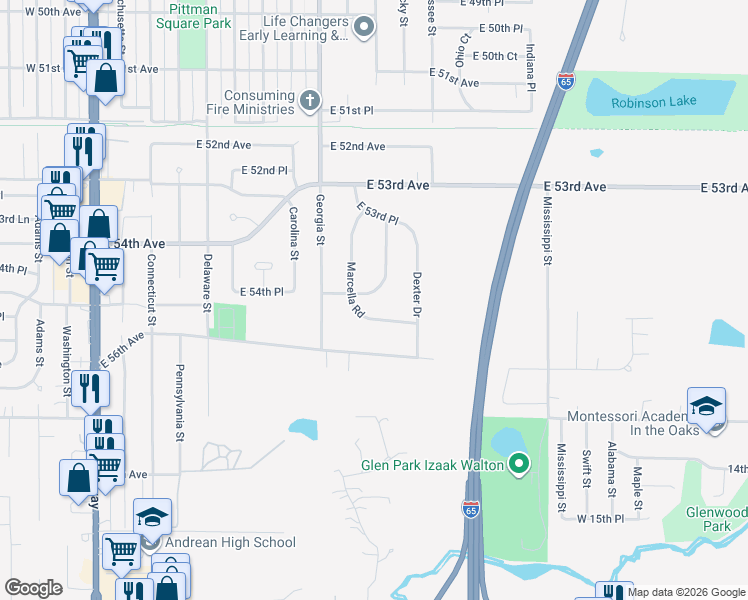 map of restaurants, bars, coffee shops, grocery stores, and more near 5481 Marcella Road in Merrillville
