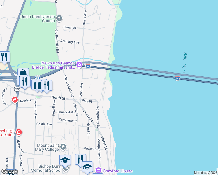 map of restaurants, bars, coffee shops, grocery stores, and more near 420 Montgomery Street in Newburgh