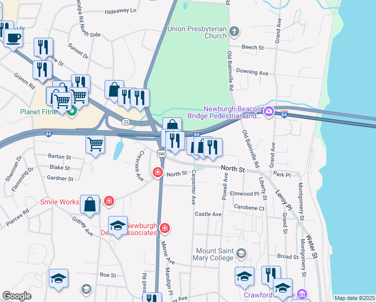 map of restaurants, bars, coffee shops, grocery stores, and more near 6 West Stone Street in Newburgh