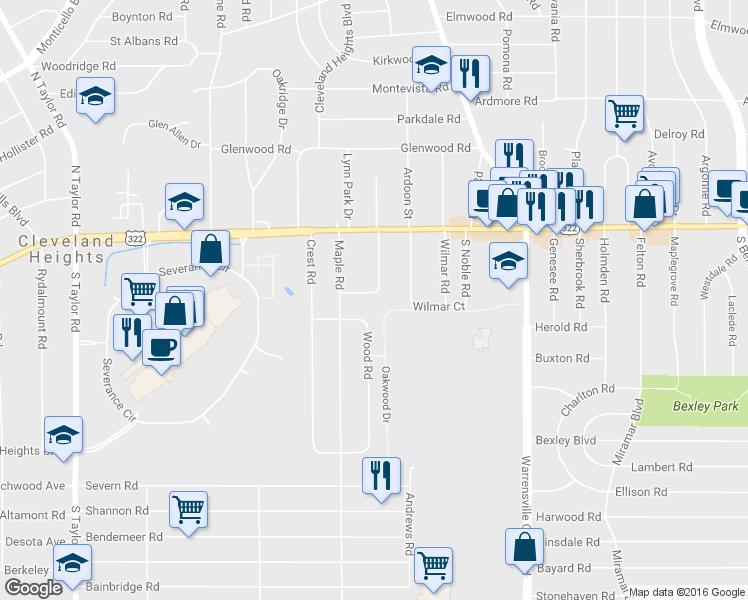 map of restaurants, bars, coffee shops, grocery stores, and more near 1508 Parkhill Road in Cleveland Heights