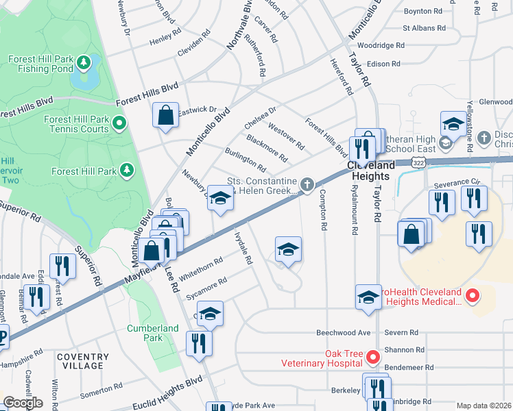 map of restaurants, bars, coffee shops, grocery stores, and more near 3245 Mayfield Road in Cleveland Heights