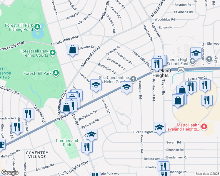 map of restaurants, bars, coffee shops, grocery stores, and more near 3245 Mayfield Road in Cleveland Heights
