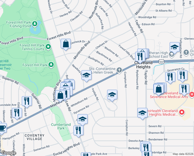 map of restaurants, bars, coffee shops, grocery stores, and more near 3245 Mayfield Road in Cleveland Heights