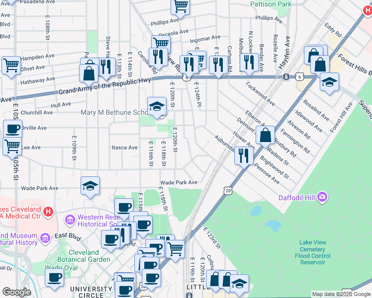 map of restaurants, bars, coffee shops, grocery stores, and more near 1455 East 120th Street in Cleveland