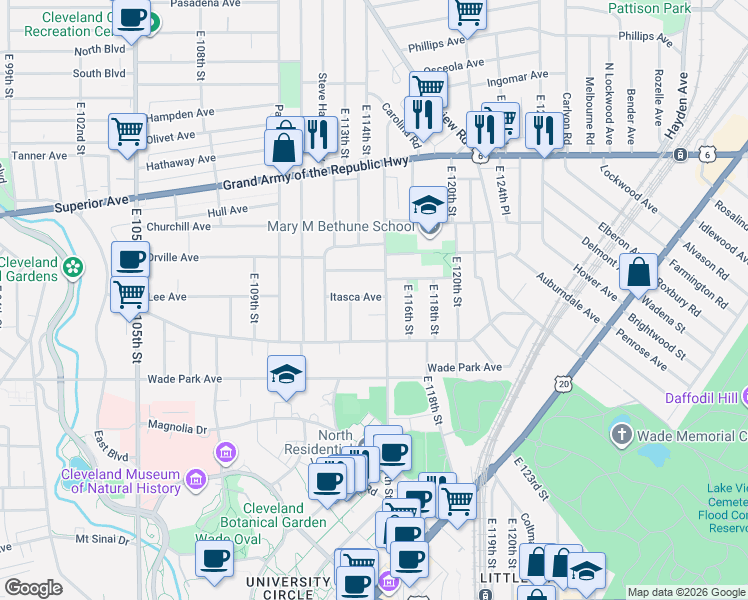 map of restaurants, bars, coffee shops, grocery stores, and more near 11317 Itasca Avenue in Cleveland