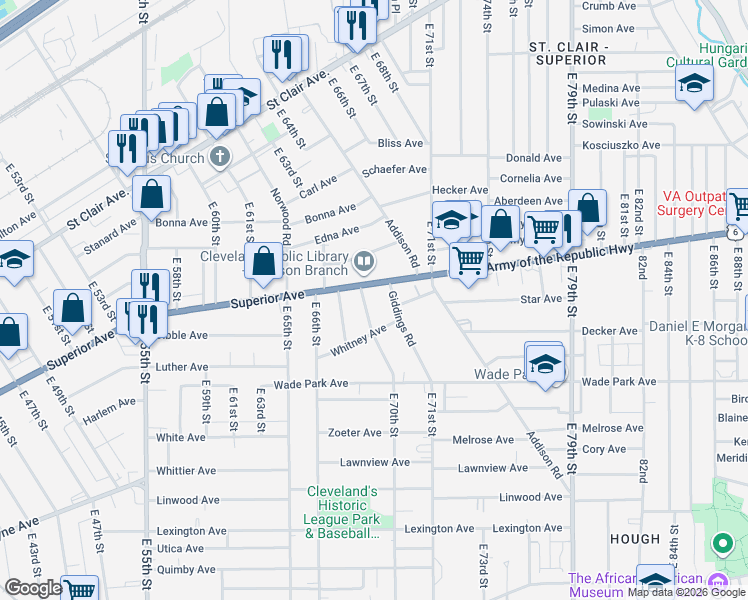 map of restaurants, bars, coffee shops, grocery stores, and more near 6914 Superior Avenue in Cleveland